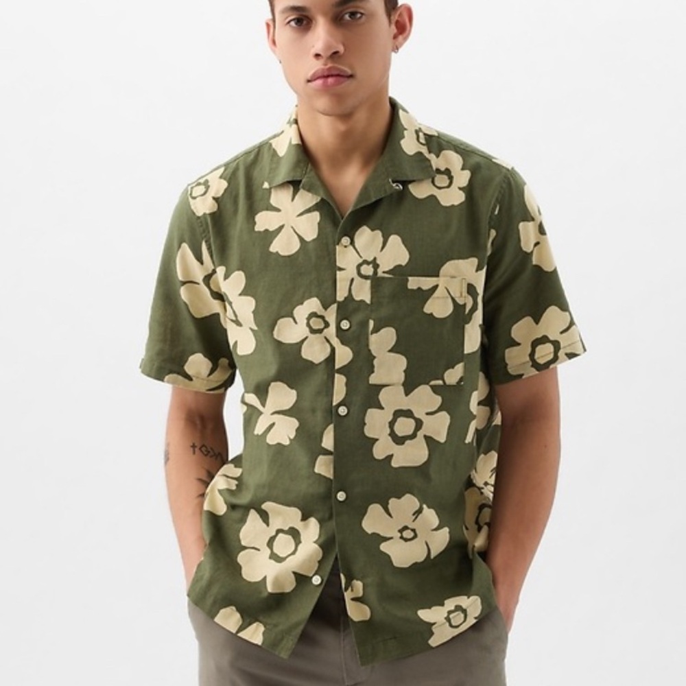 Gap Linen Cotton Floral Green Men's Shirt - New